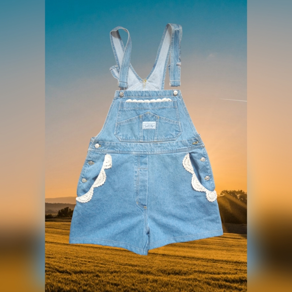 True Blue 90s Vintage Crochet Women's Large Denim Overall Bib Shorts